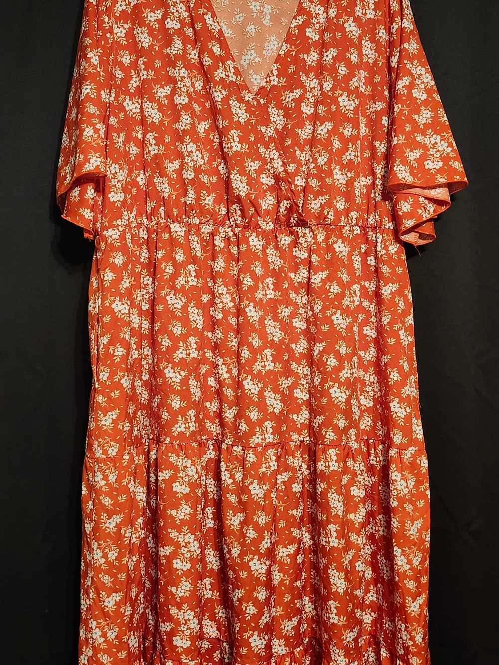 Rust Floral V-Neck Tiered Maxi Dress-Plus Size